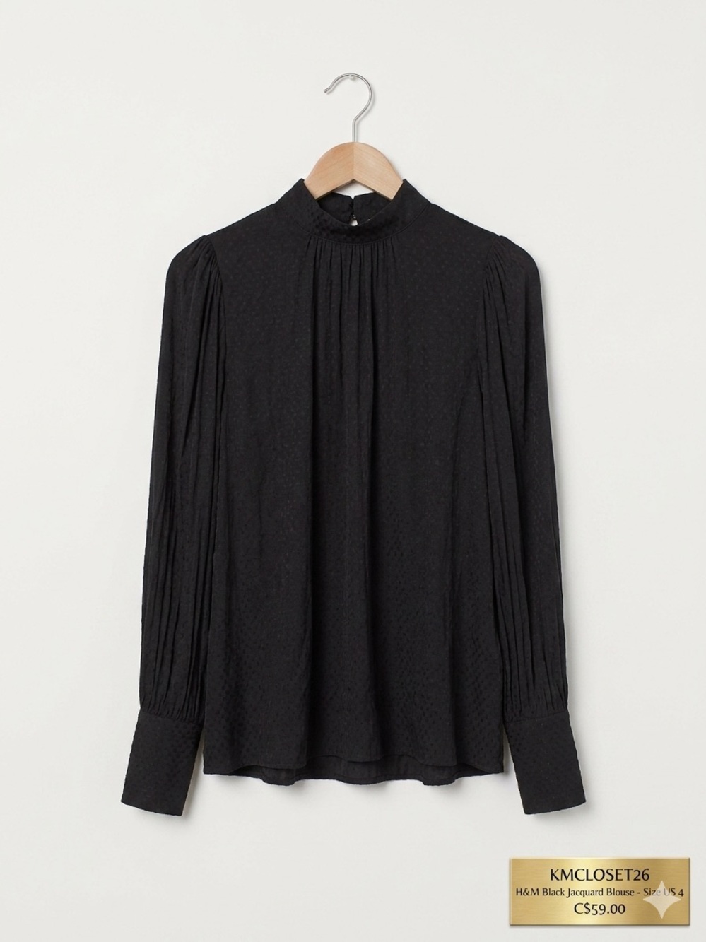 H&M Black Jacquard "Whim Dot" Pleated Mock-Neck Blouse EUC US4